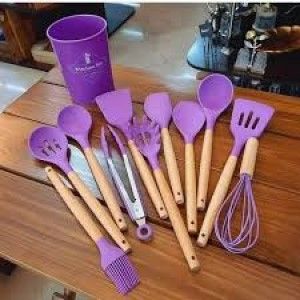 Cooking Utensils Set 12 Pcs. Cooking Kitchen Utensils Set Long Wooden Handle Kitchen Gadgets with Holder Tongs